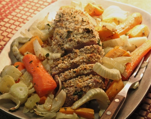 Herb-crusted Pork Tenderloin with Roast Vegetables. 