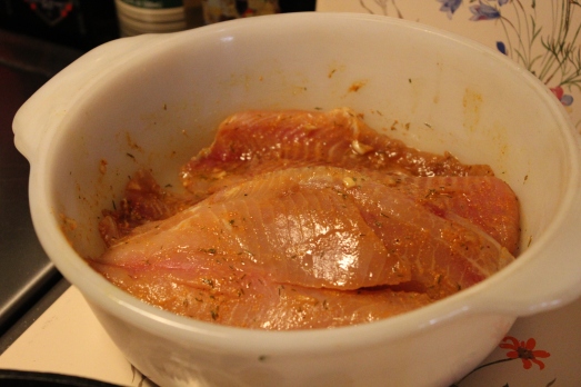 Remove from marinade and coat with oil.